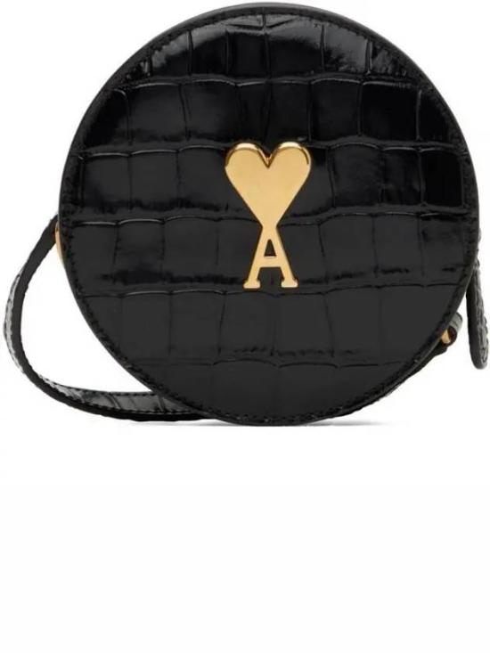 Crocodile-Textured Black Cow Leather Shoulder Bag