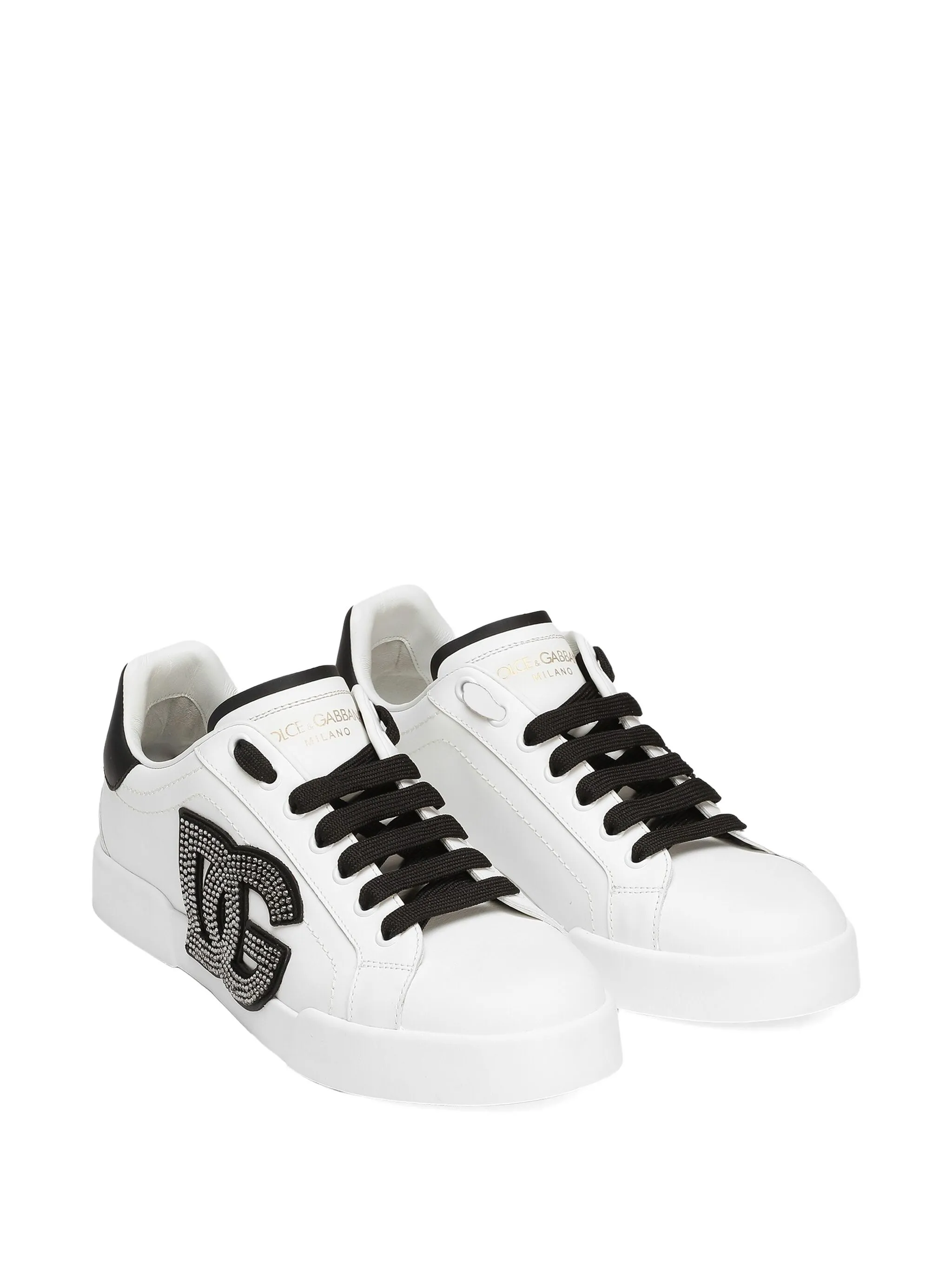 White Low-top Leather Rhinestone Logo Sneakers