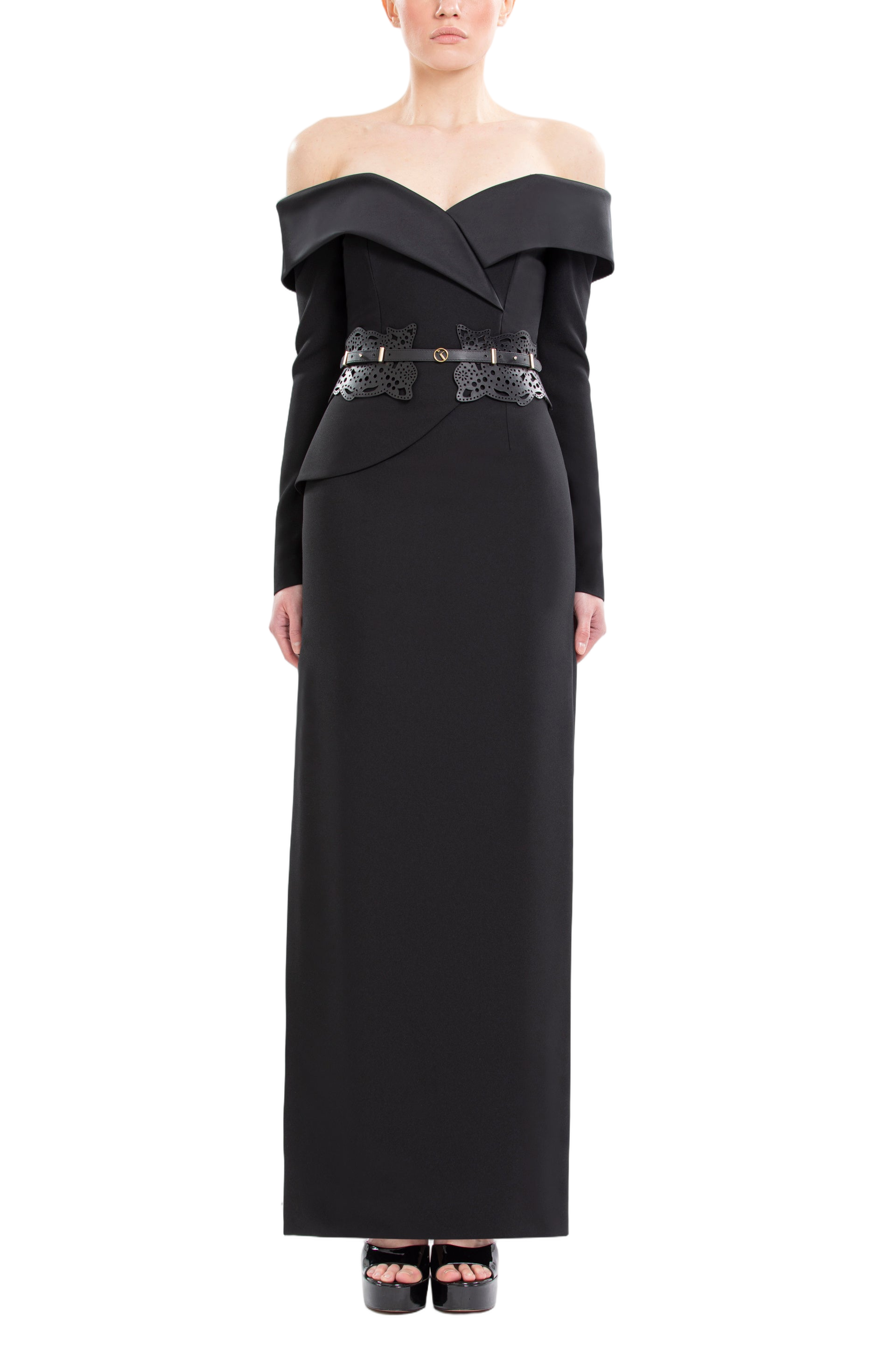 Off-Shoulder Crepe Midi Dress