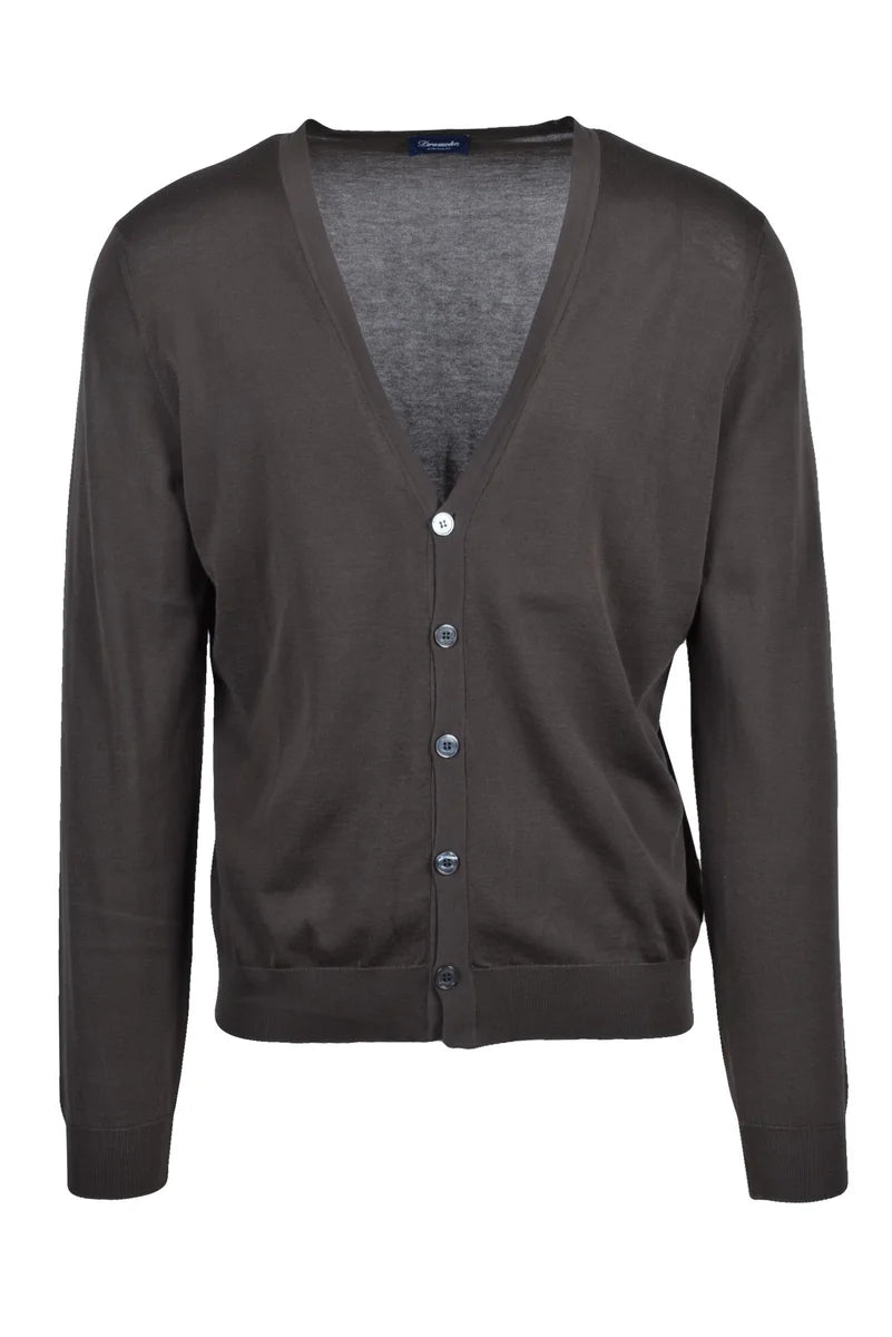 Cotton V-Neck Cardigan - Brown