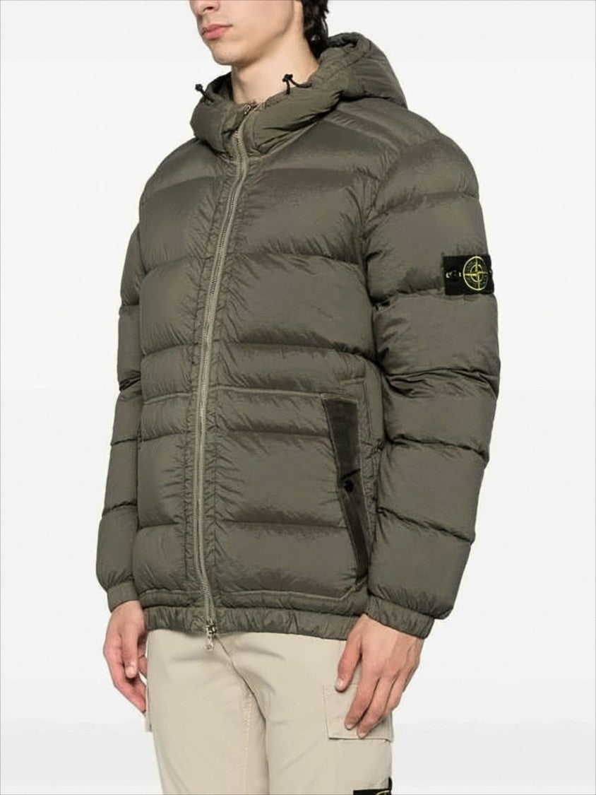 Quilted Down Jacket with Adjustable Hood and Signature Patch
