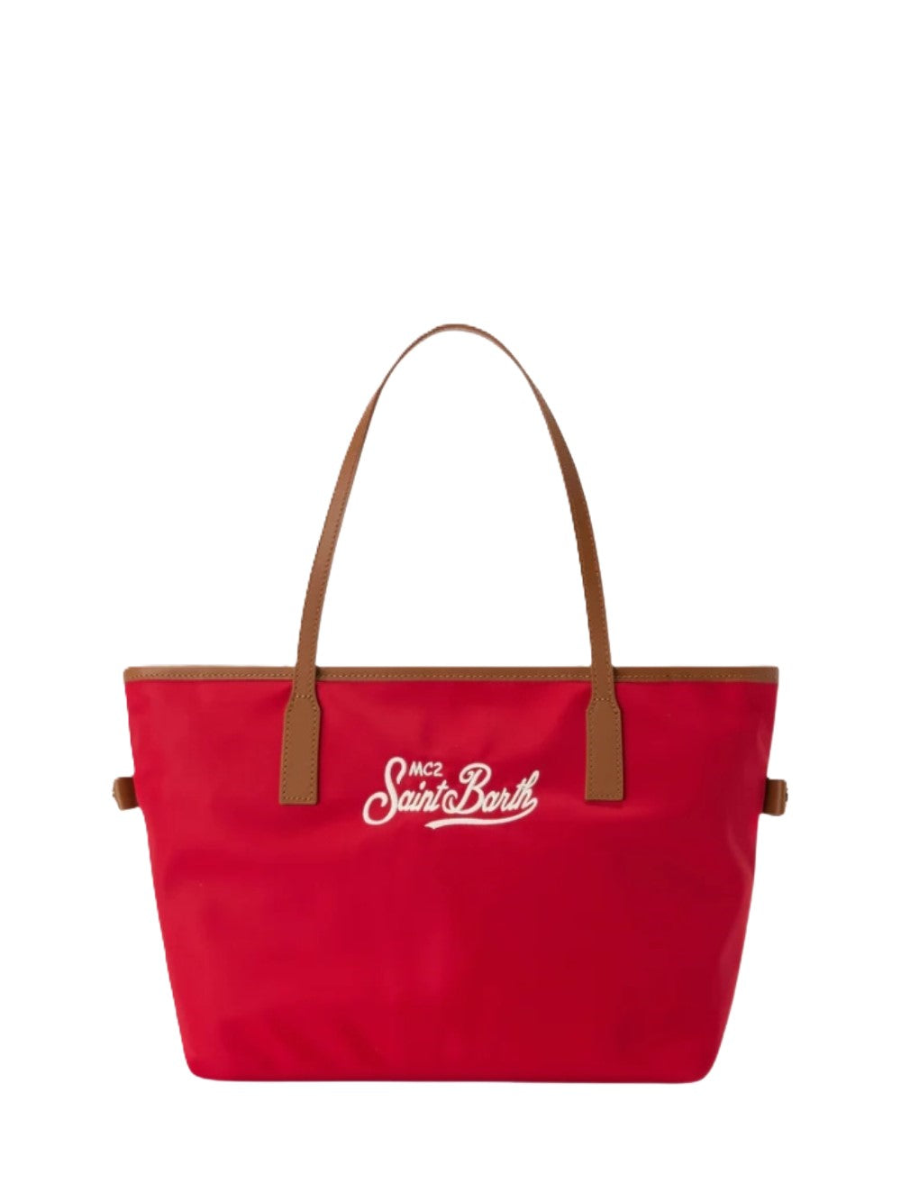 Spacious Red Tote Bag with Brown Trim