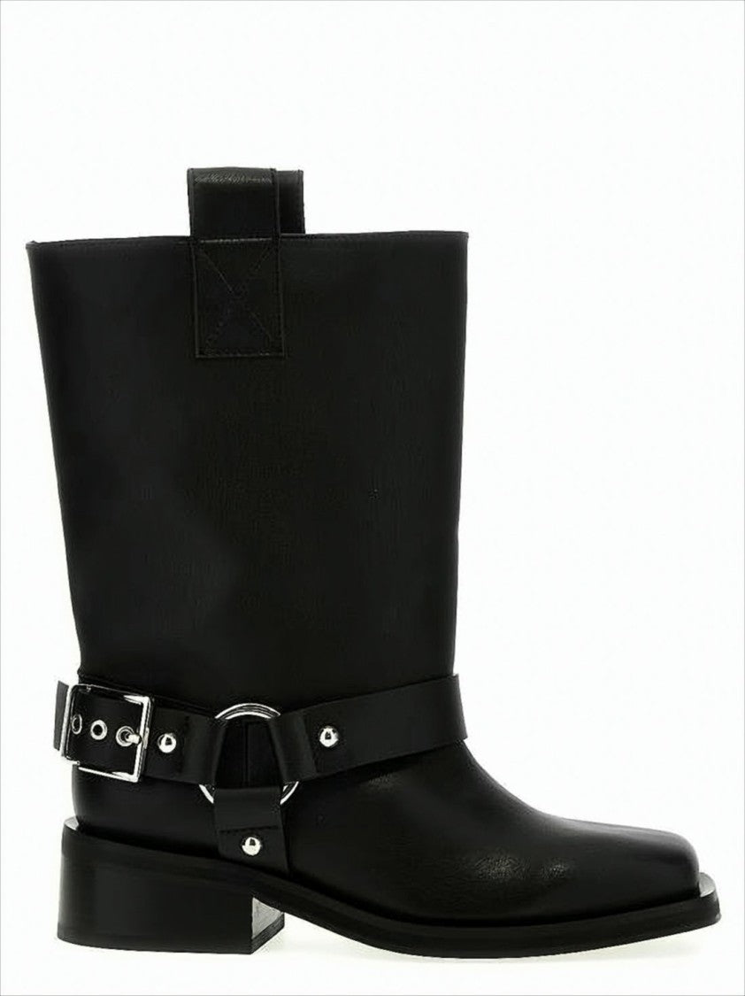 Mid-Calf Leather Boots with Decorative Strap and Buckle Detail