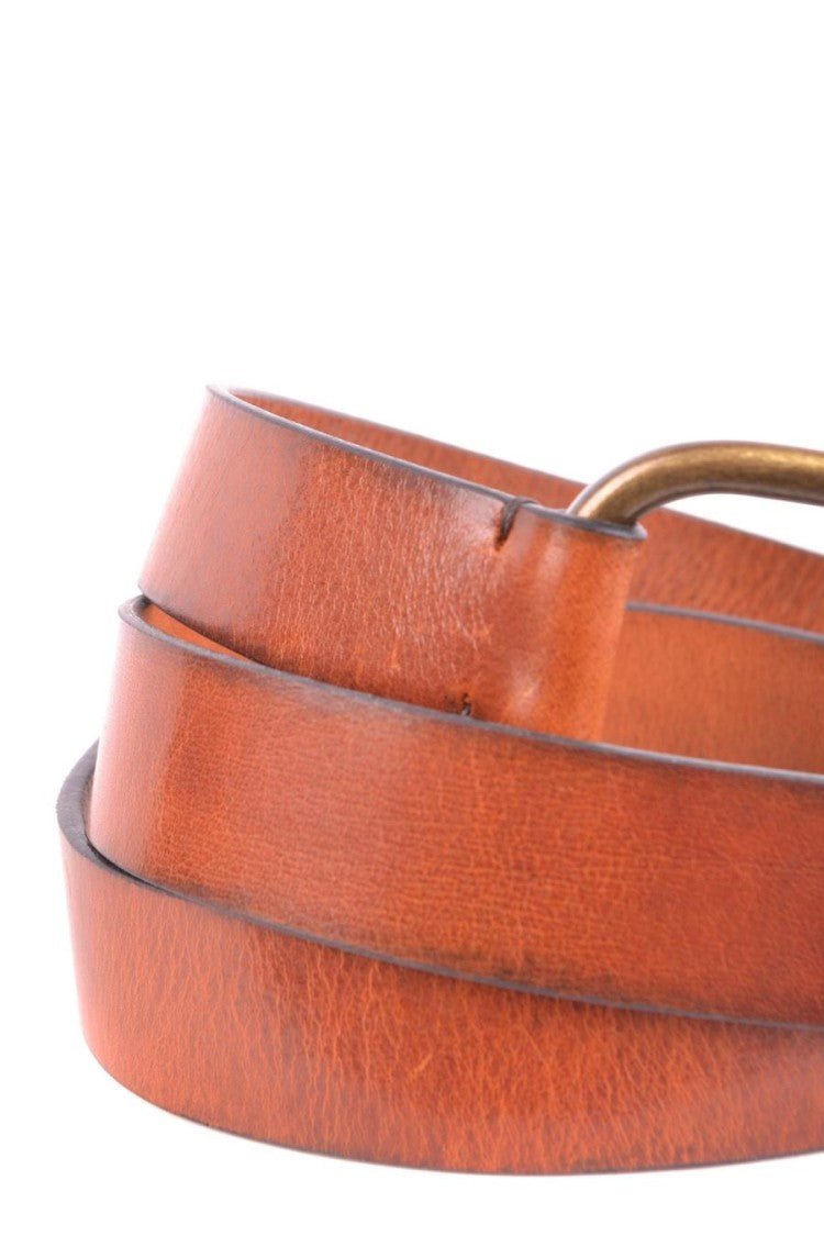 Slim Brown Leather Belt With Brass Buckle
