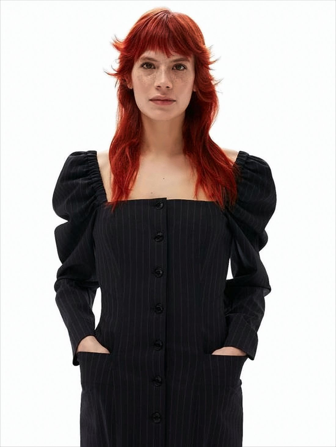 Square Neck Puffed Sleeve Midi Dress with Button-Down Front