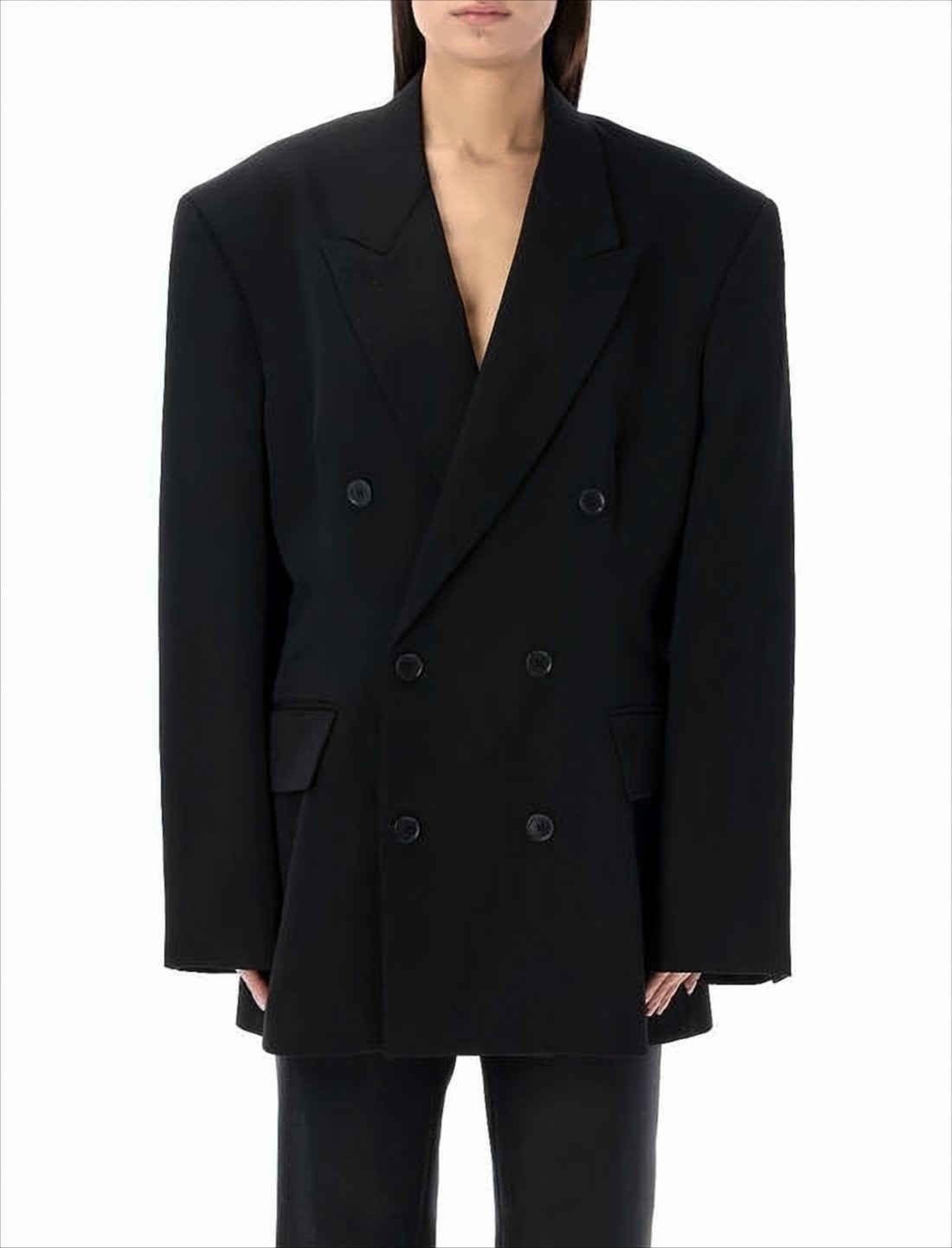 Oversized Double-Breasted Black Wool Jacket