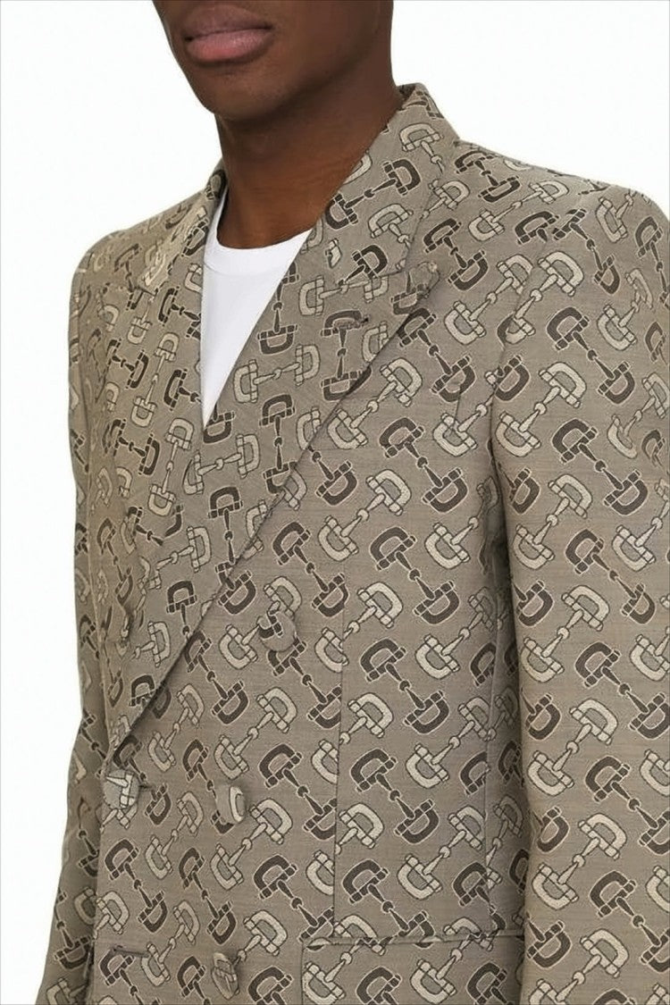 Tailored Double-Breasted Blazer with Geometric Pattern