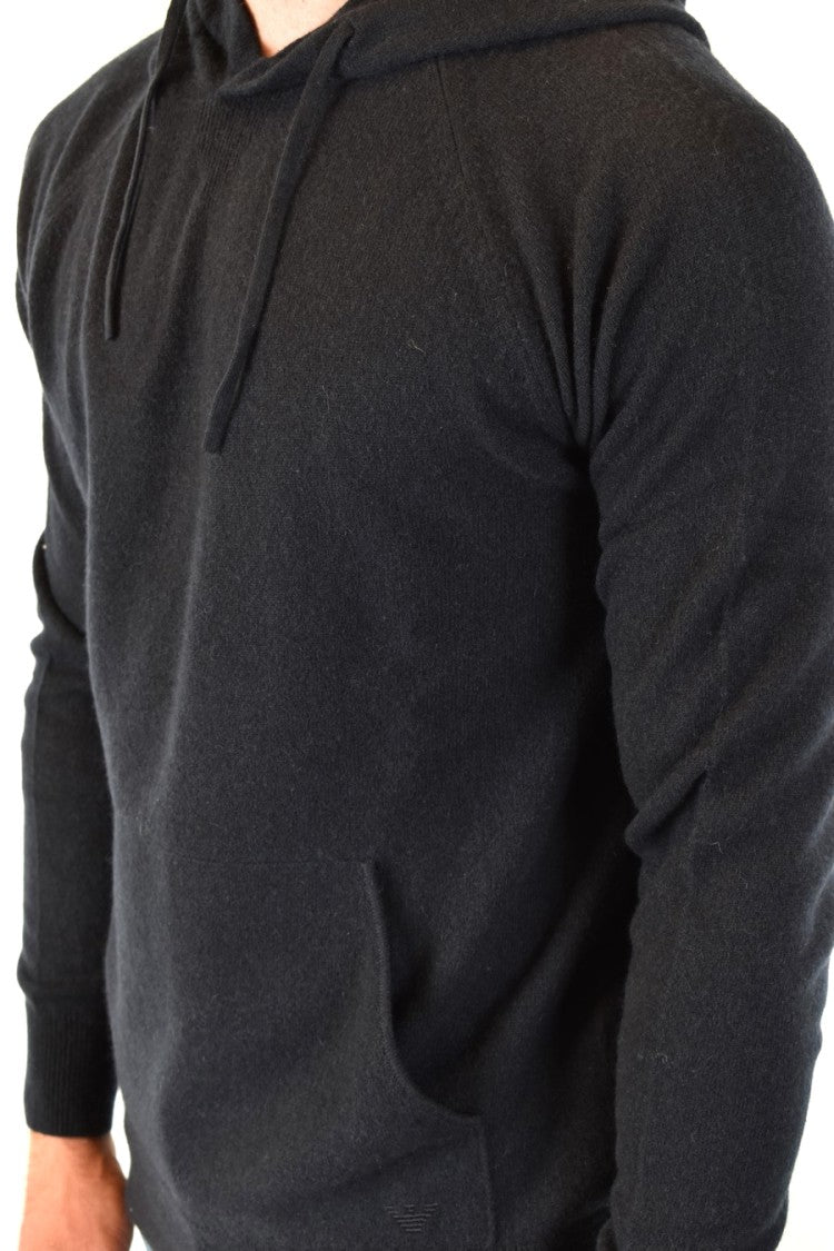 Hooded Black Knitwear With Drawstrings