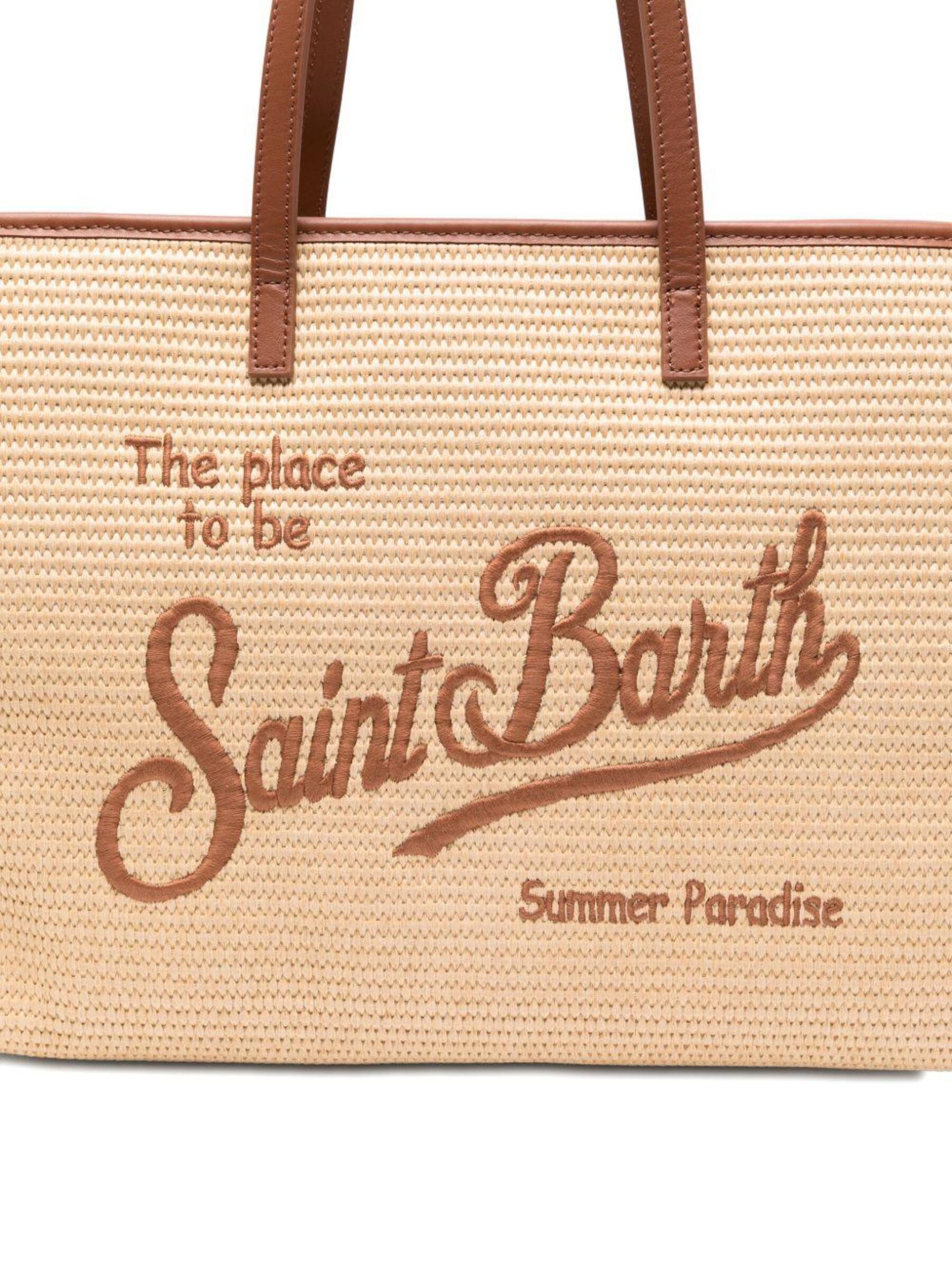 Rectangular Woven Tote Bag with Embroidered Text