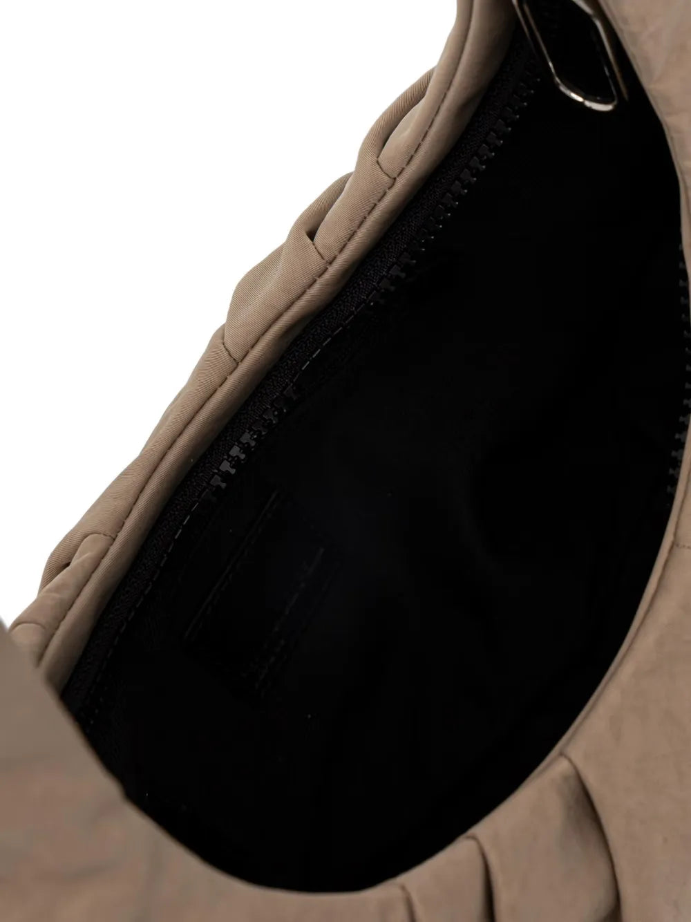 Crescent-Shaped Handbag with Padded Texture and Embossed Logo