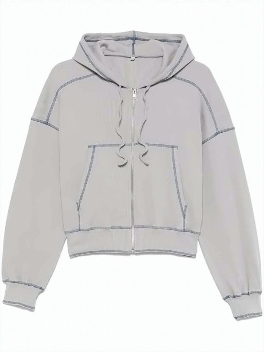 Cropped Zip-Up Hoodie With Drawstring And Kangaroo Pocket