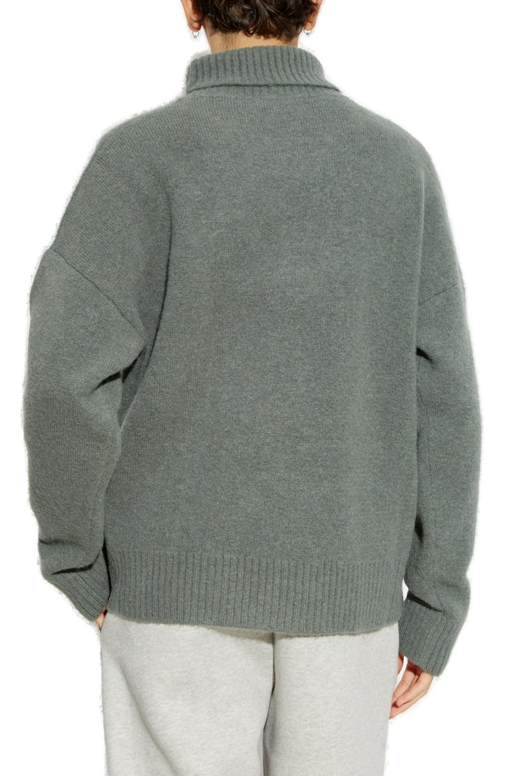 Grey Turtleneck Sweater With Ribbed Details And Heart Logo