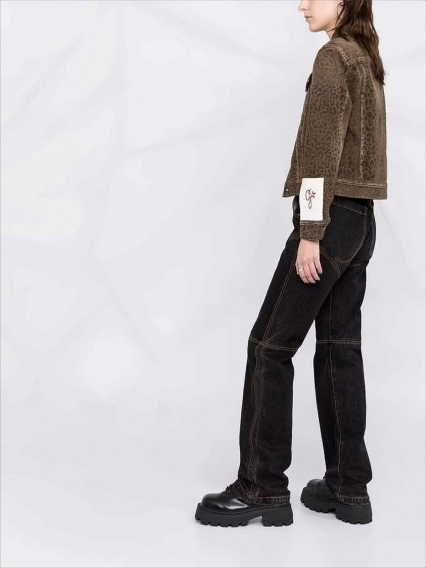 Cropped Denim Jacket with Subtle Leopard Print and Metallic Accents
