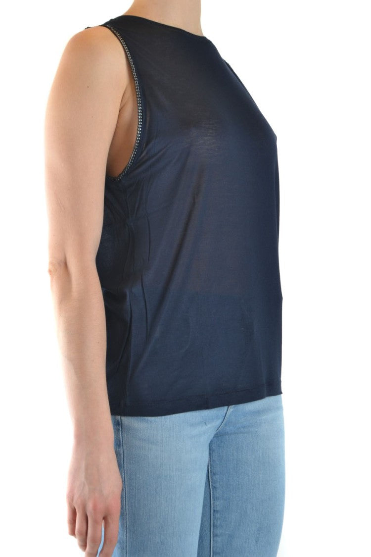 Navy Sleeveless Top With High Round Neckline