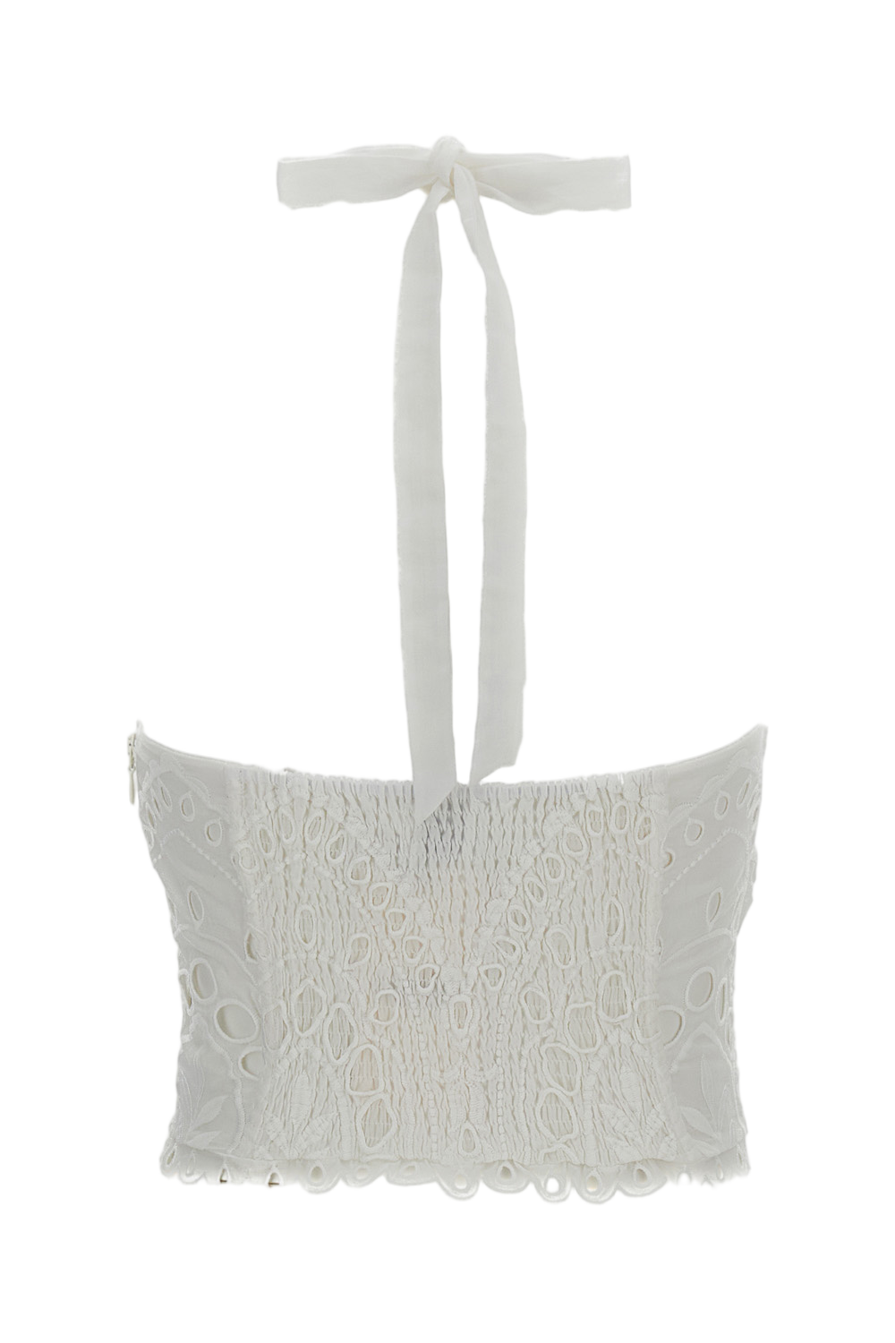 White Halter Eyelet Top With Smocked Back