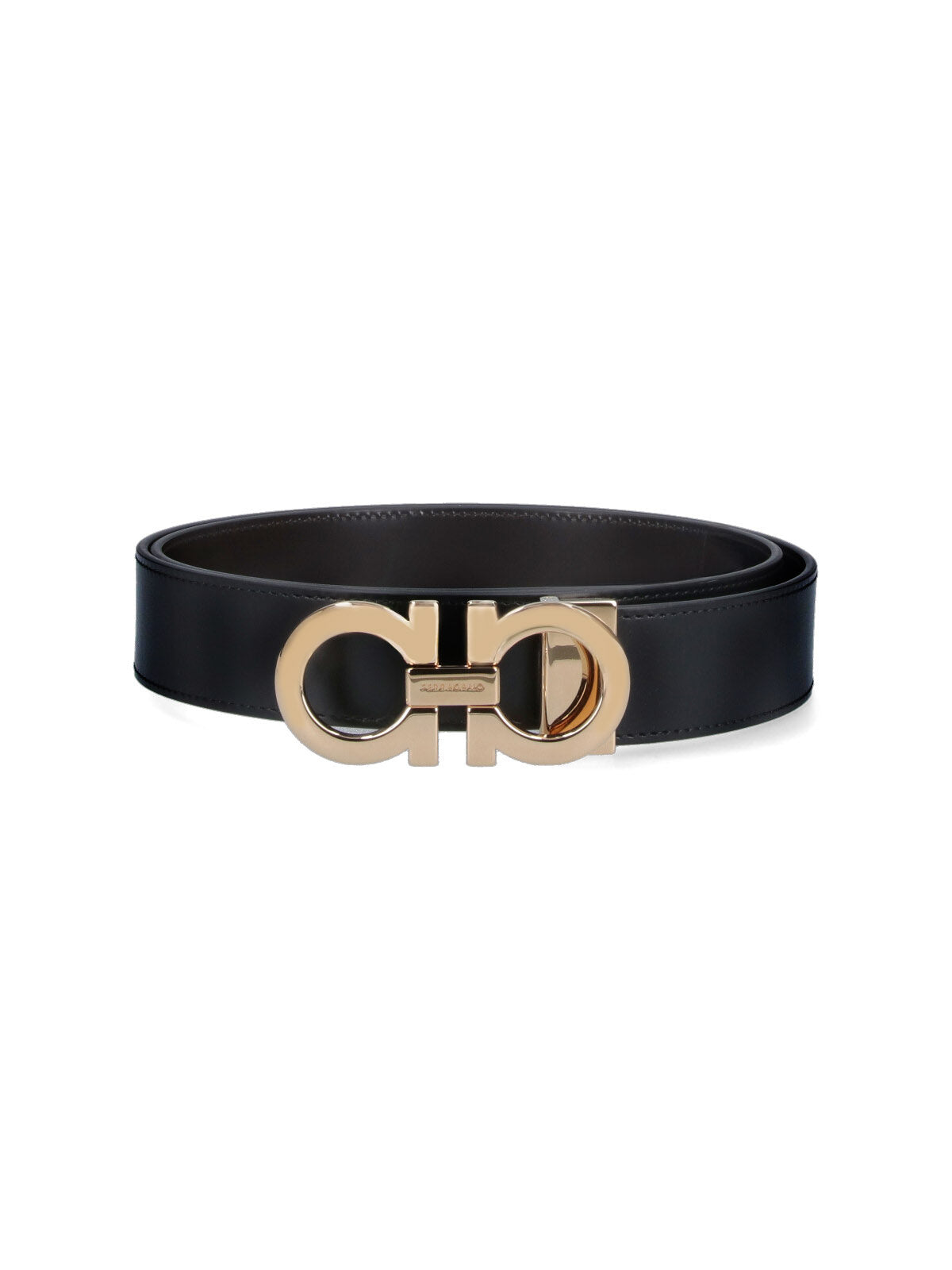 Reversible Black Leather Belt with Gold-tone Gancini Buckle