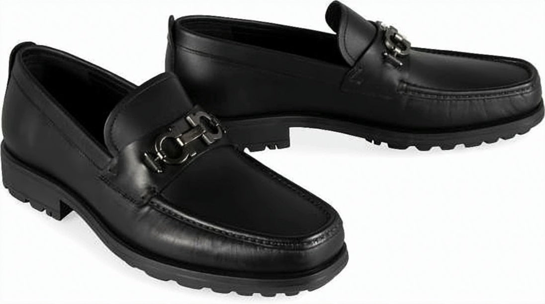 Black Leather Loafers with Metallic Buckle