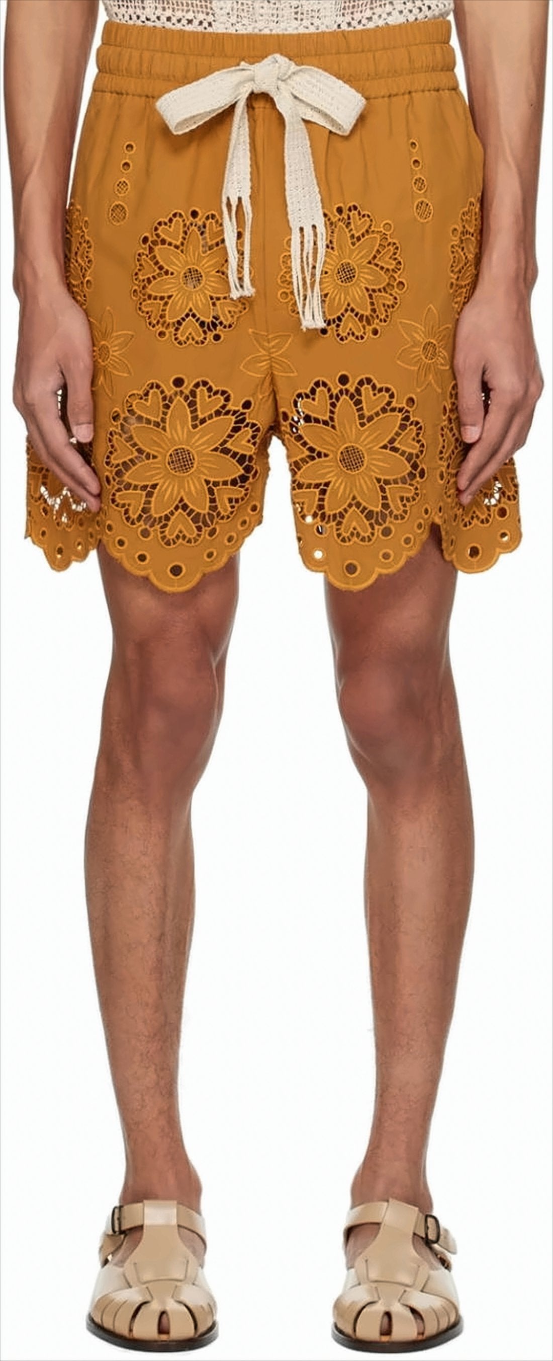Brown Cotton Shorts with Floral Cut-Out Embroidery