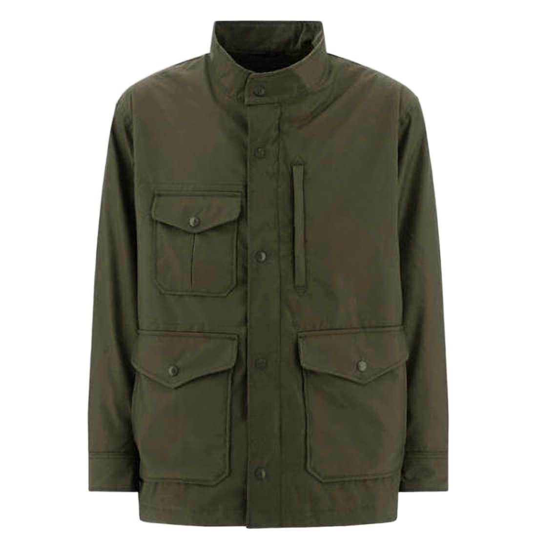 Utility-Focused Jacket with High Collar and Concealed Placket