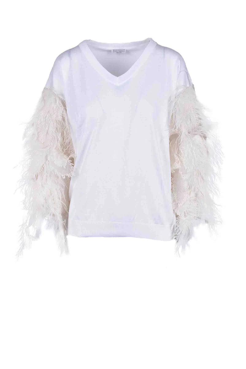 V-Neck Knit Top with Feathered Sleeves