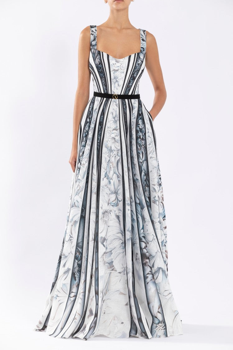 Linen Printed Dress With Striped, Floral Print