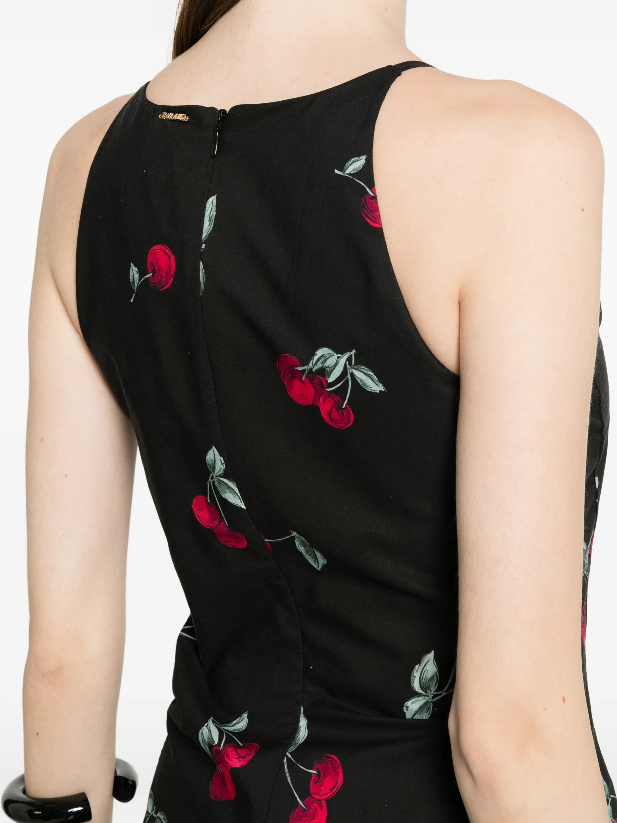 Black Fitted Midi Cherry Print Dress