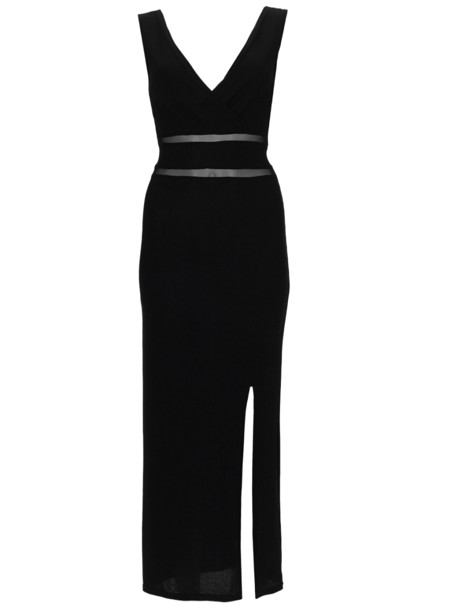 Sleeveless Black Midi Dress with Sheer Mesh Panels