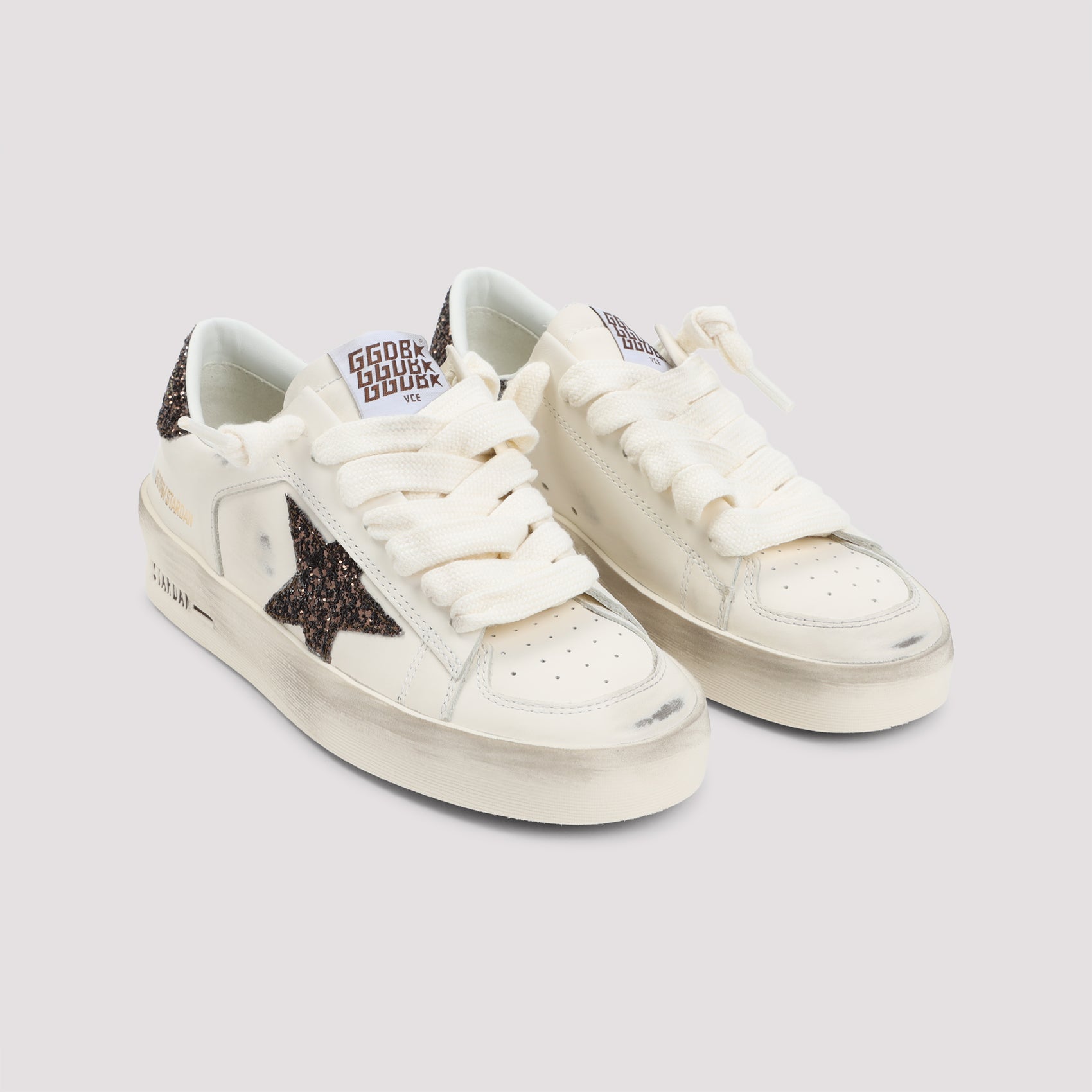 Distressed White Leather Sneakers with Glitter Accents