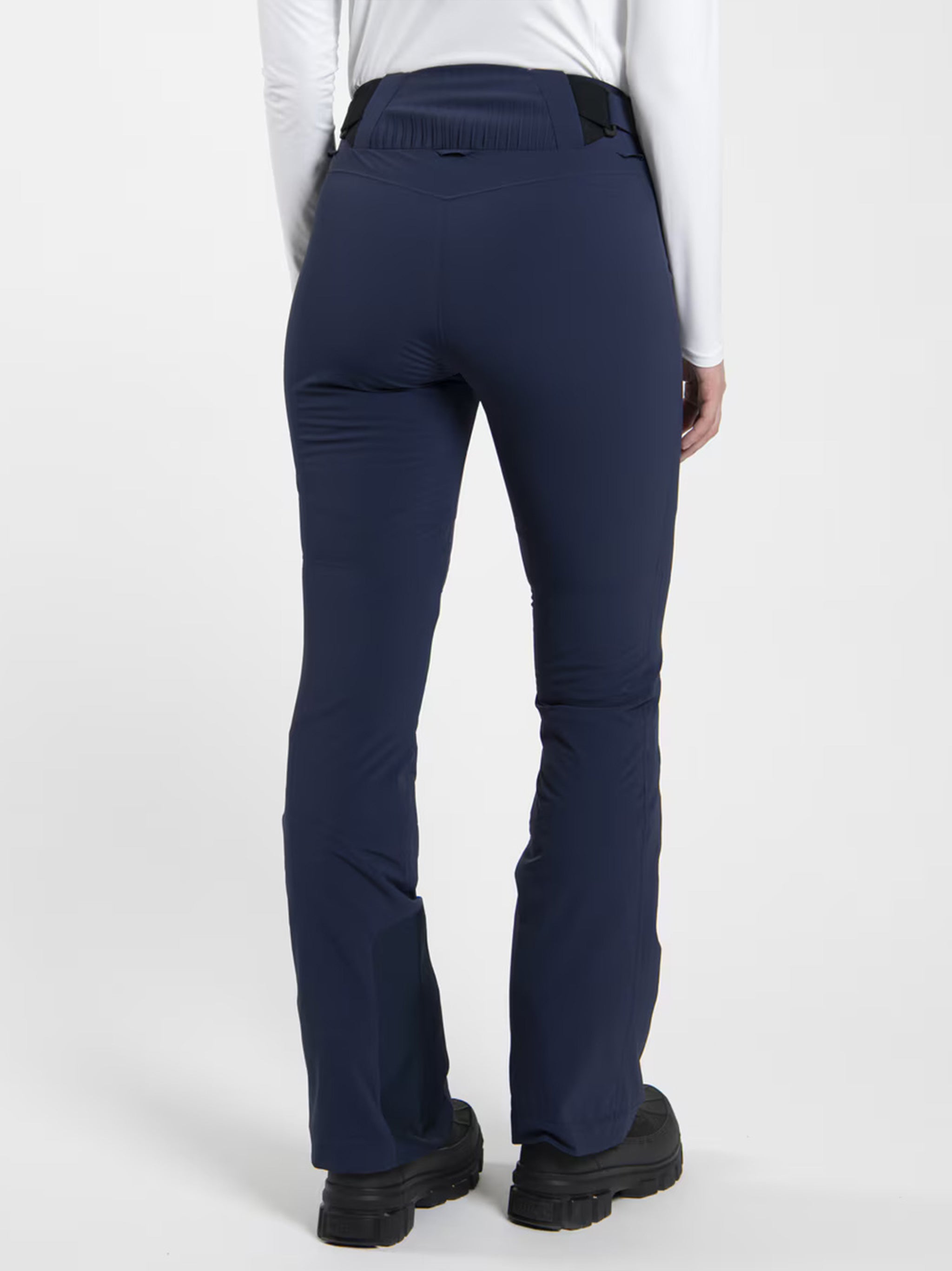 Fitted Blue Pants with Flare Hem and Practical Pockets