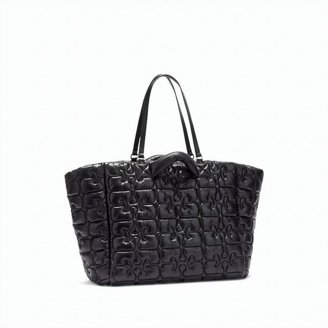 Quilted Black XXL Tote Bag with Padded Handles and Olive Green Pouch