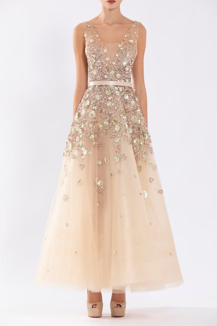 Tulle, Ankle Length Dress With Dotted Beading