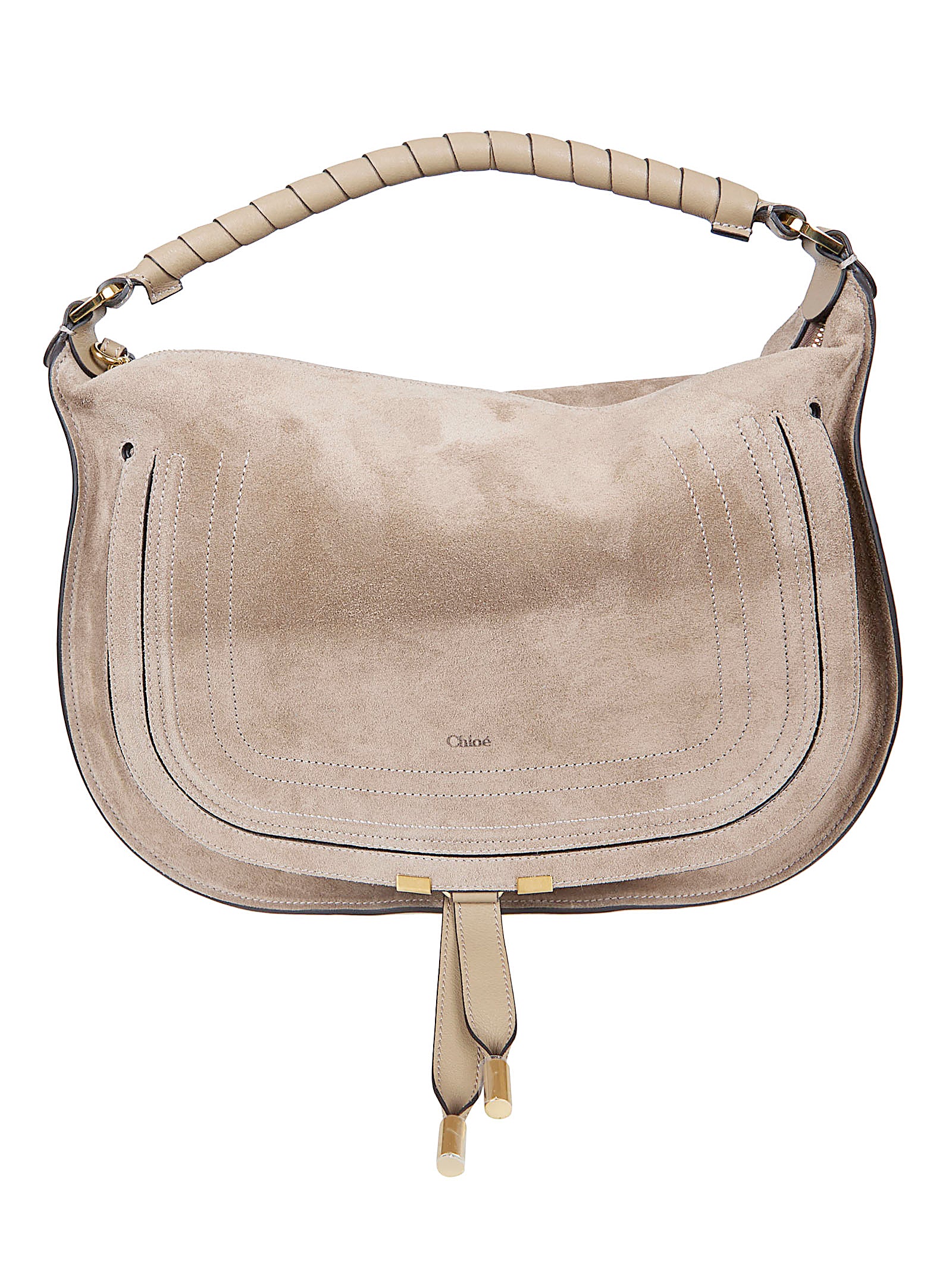 Suede Shoulder Bag with Embossed Logo and Tassel Detail