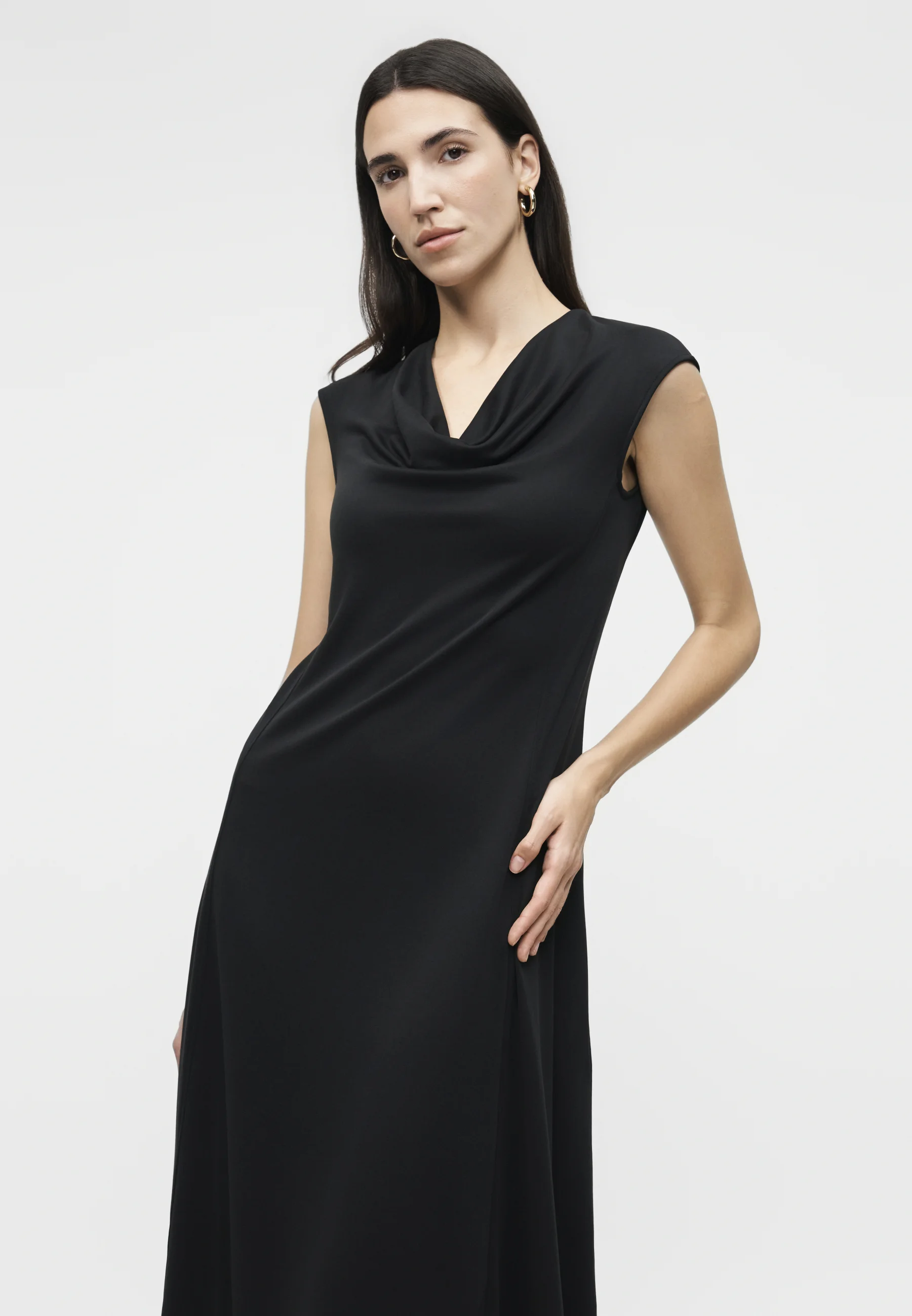 A-Line Midi Dress with Draped Cowl Neckline