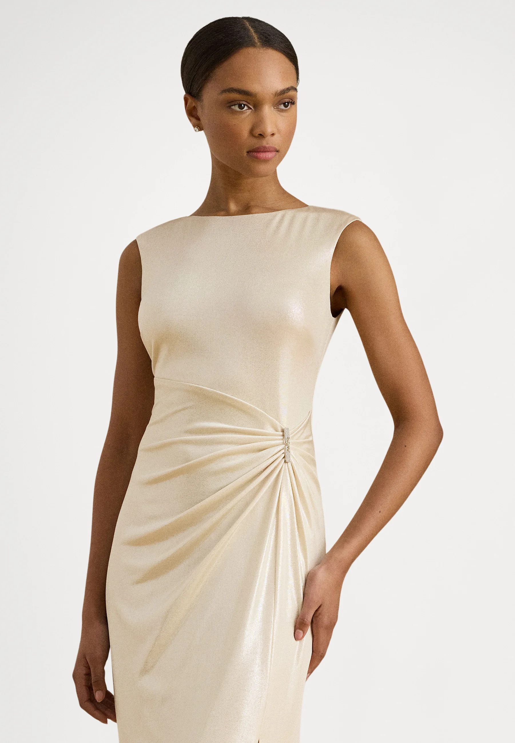 Natural Metallic Jersey Evening Gown