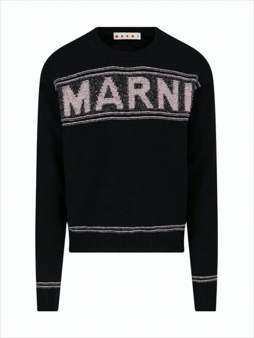 Textured Logo Black Wool Sweater with Cropped Fit