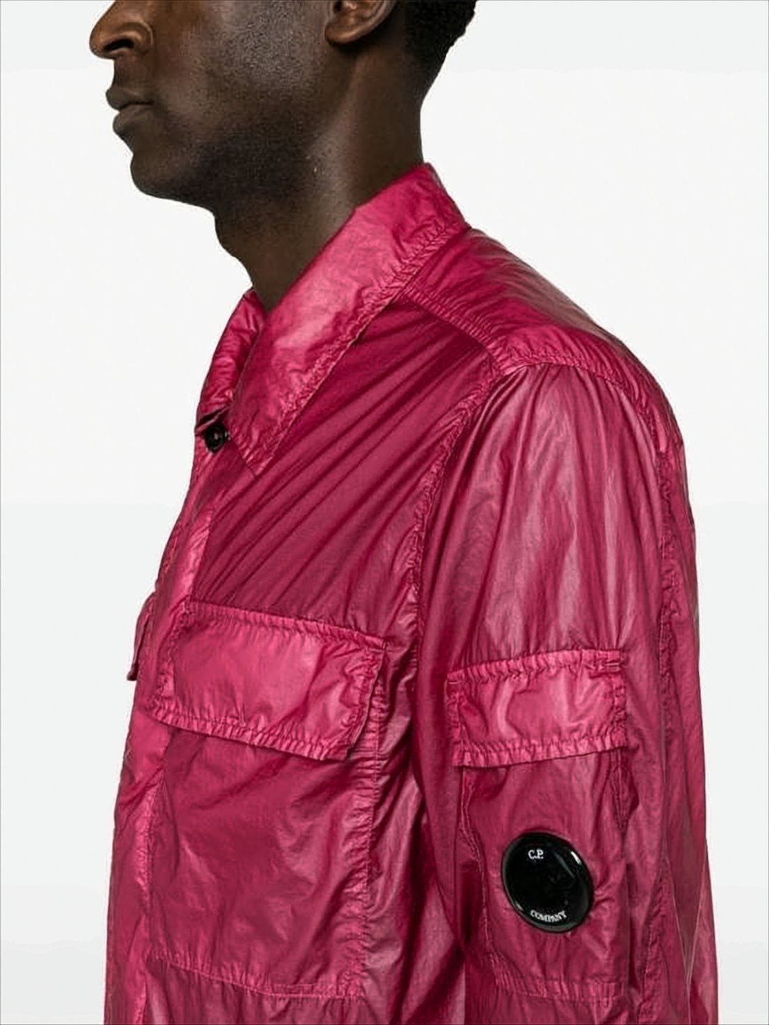 Shiny Crinkled Texture Jacket With Classic Collar And Logo Patch