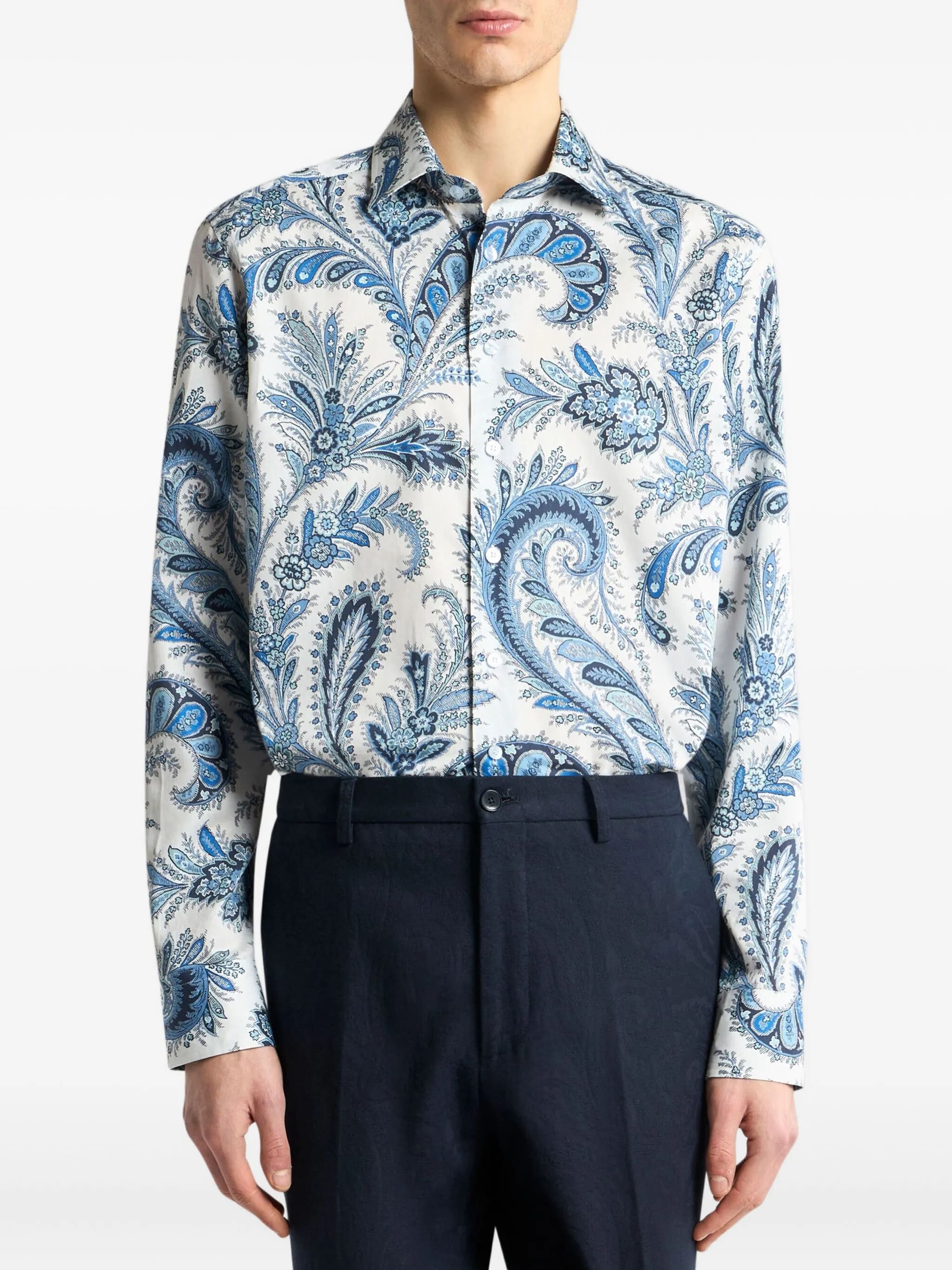 Roma White Blue Paisley Cotton Shirt