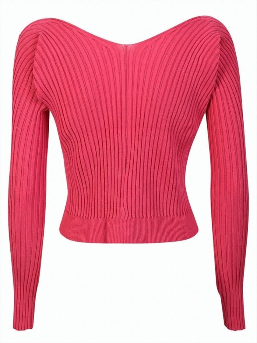 Cropped Knit Cardigan with Deep V-Neck and Unique Closure