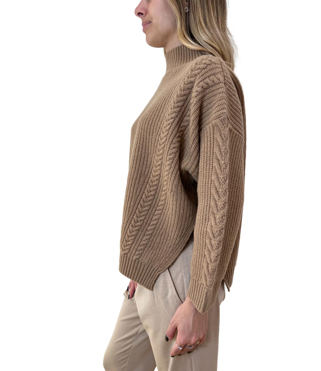 Textured Cable Knit Sweater With High Neckline