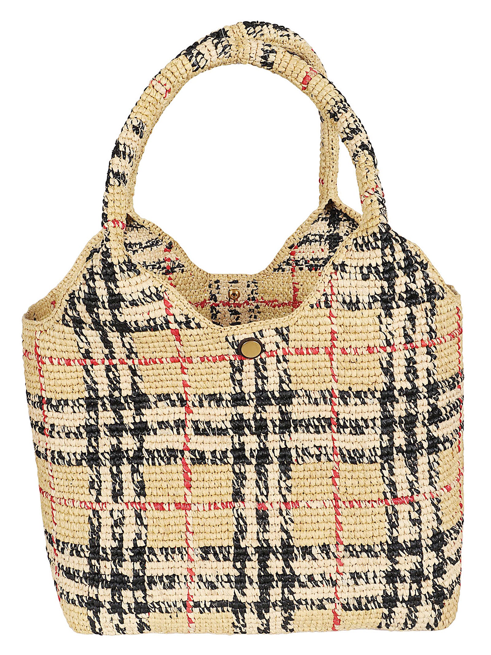 Woven Raffia Tote Bag with Check Pattern and Structured Design