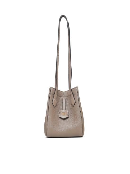 Structured Taupe Calf Leather Shoulder Bag With Gold-Tone Hardware