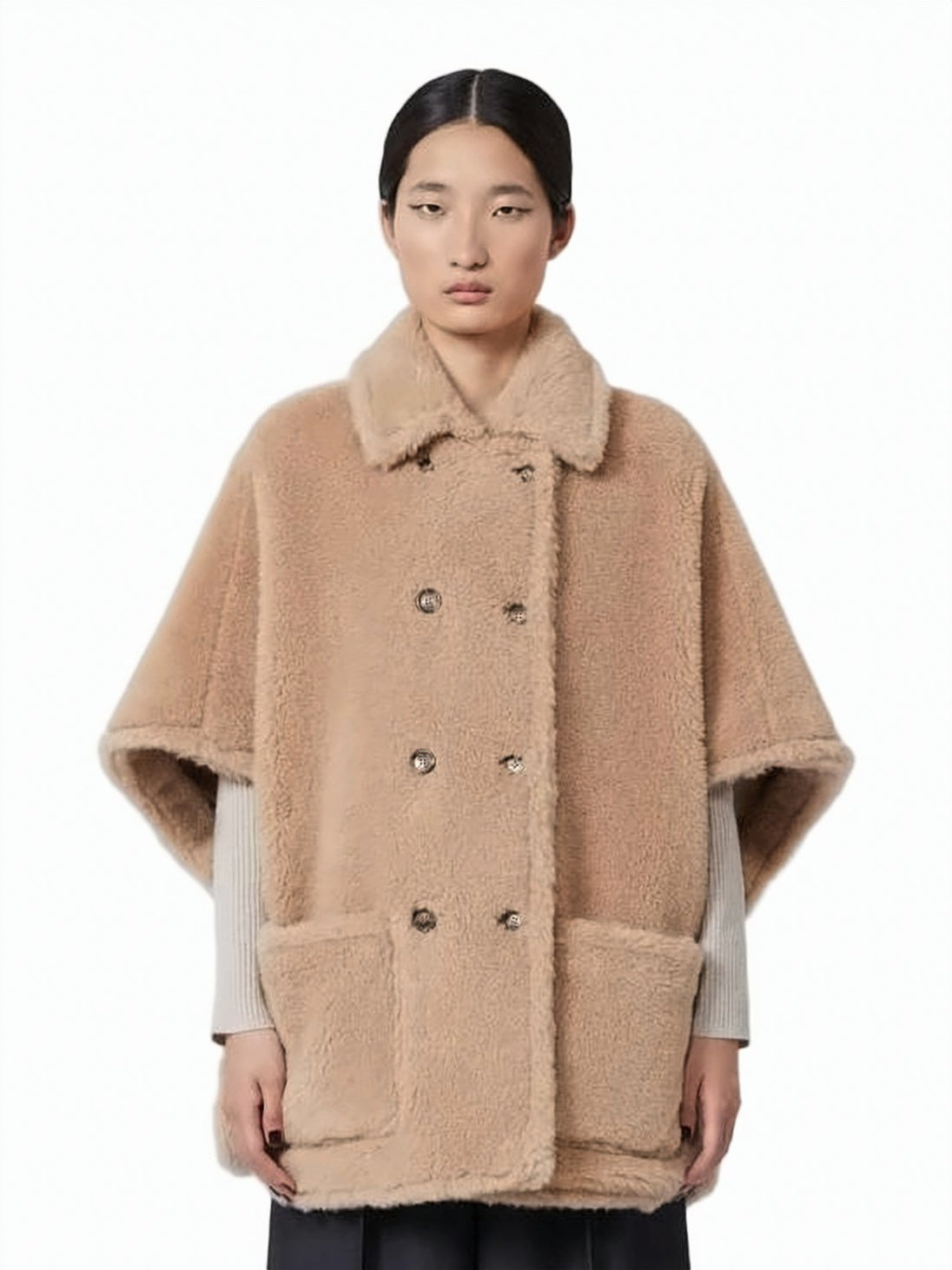 Brown Plush Double-Breasted Cape Coat