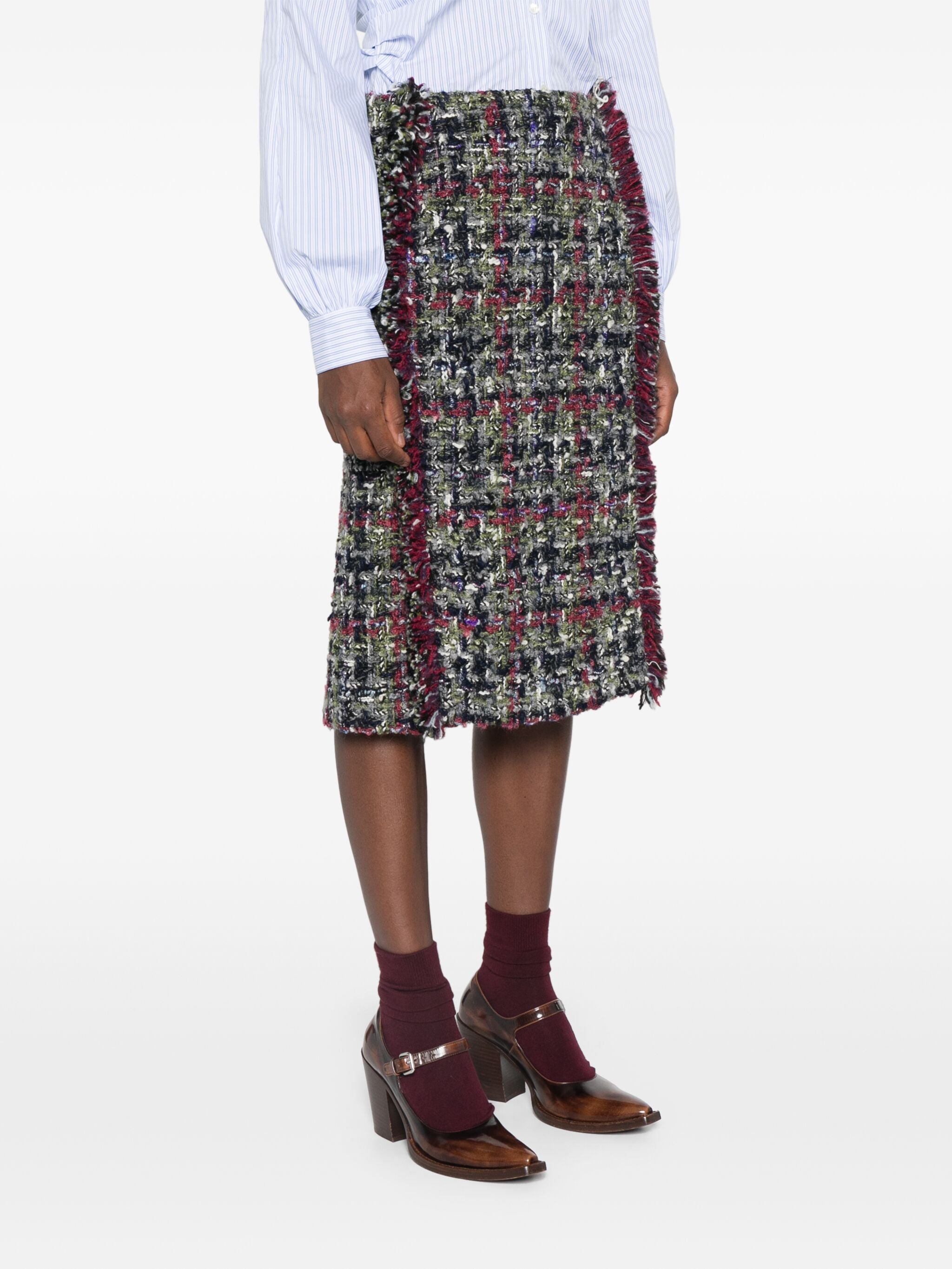 Multicolor Knee-Length Textured Wool Tweed Skirt