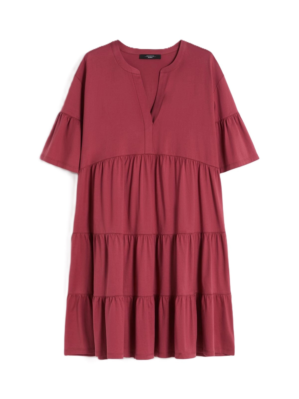 Loose Tiered Dress with Ruffled Sleeves and V-Neckline