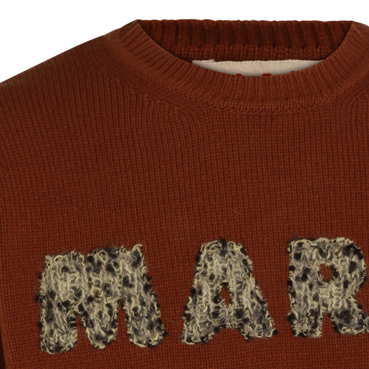 Textured Brown Knit Sweater with Contrasting Lettering