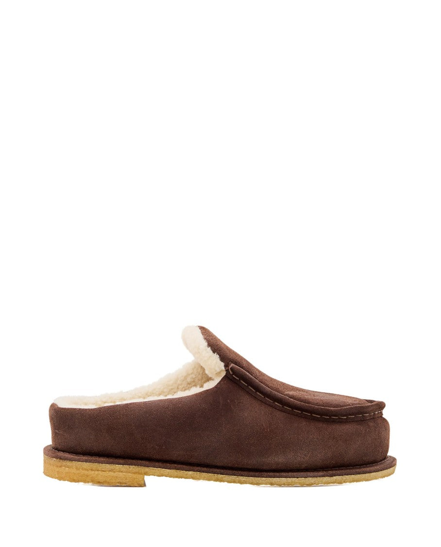Brown Suede Mules With Cozy Fur Interior And Embossed Seams