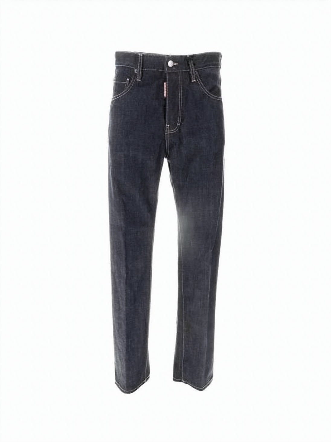 Classic Straight-Leg Denim Pants with Faded Wash and Leather Patch