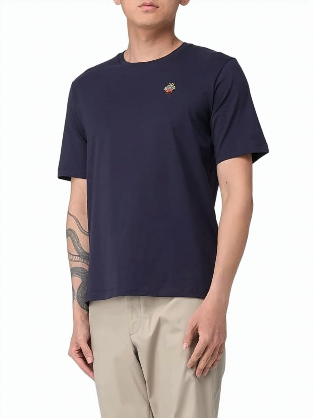 Blue Solid Cotton Embroidered Emblem T-Shirt