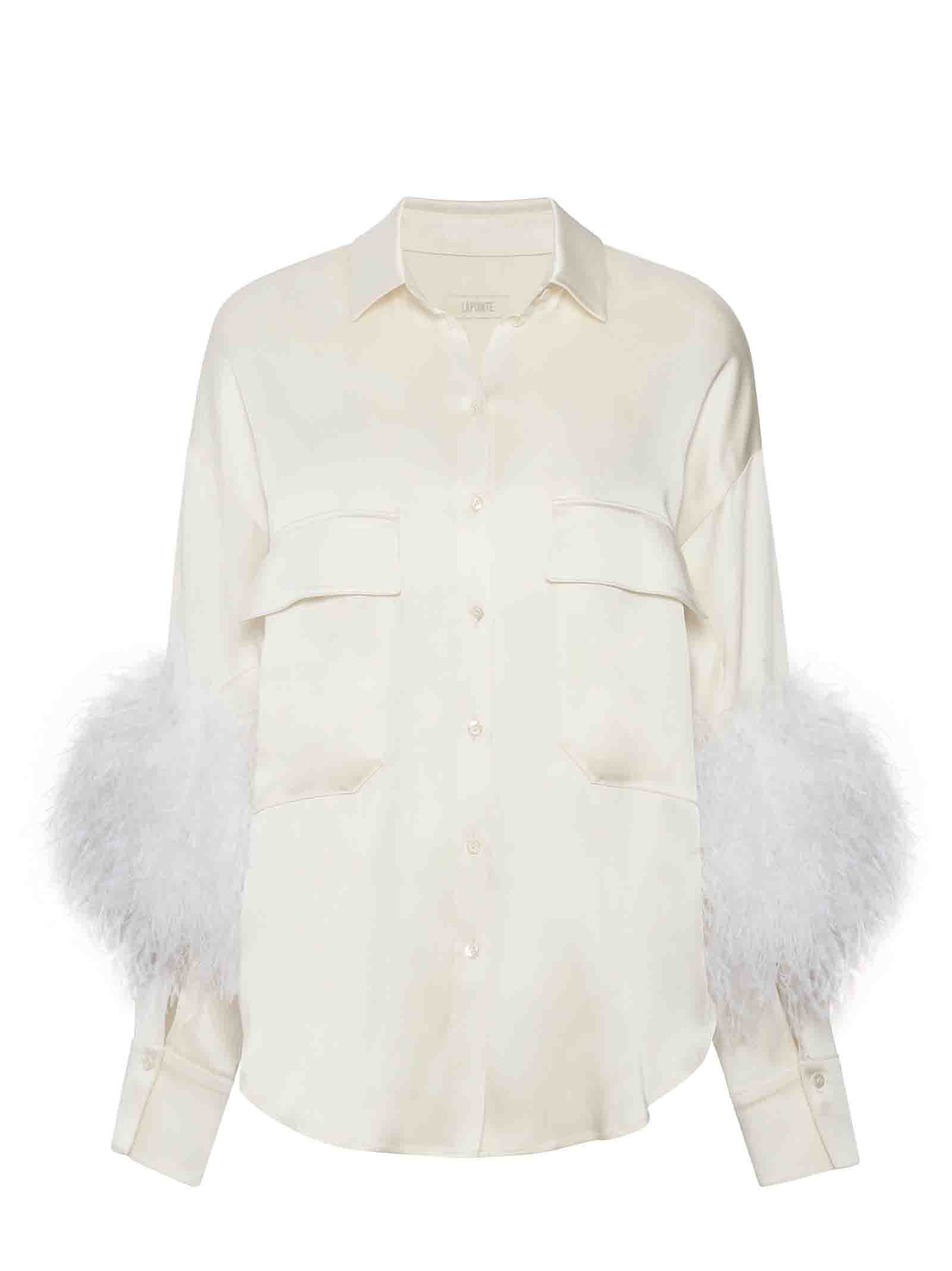 Beige Satin Shirt With Ostrich Feather Embellishments