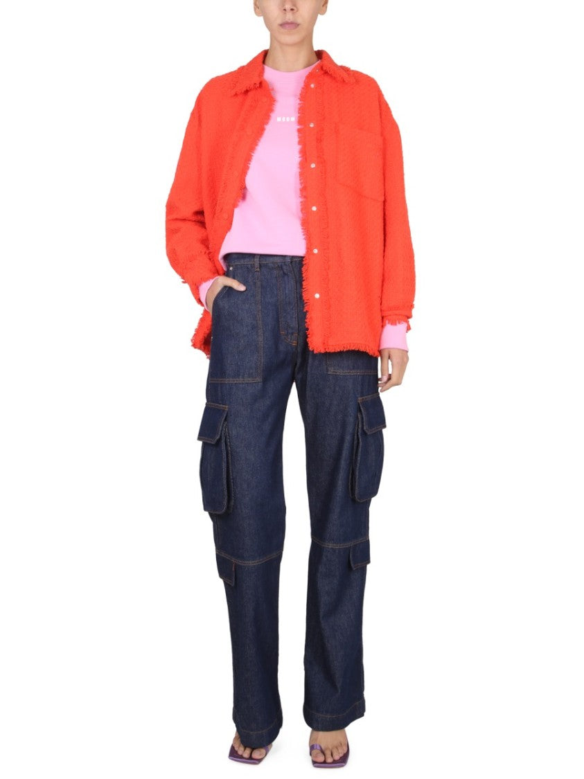 Textured Button-Up Shirt With Fringe Detailing